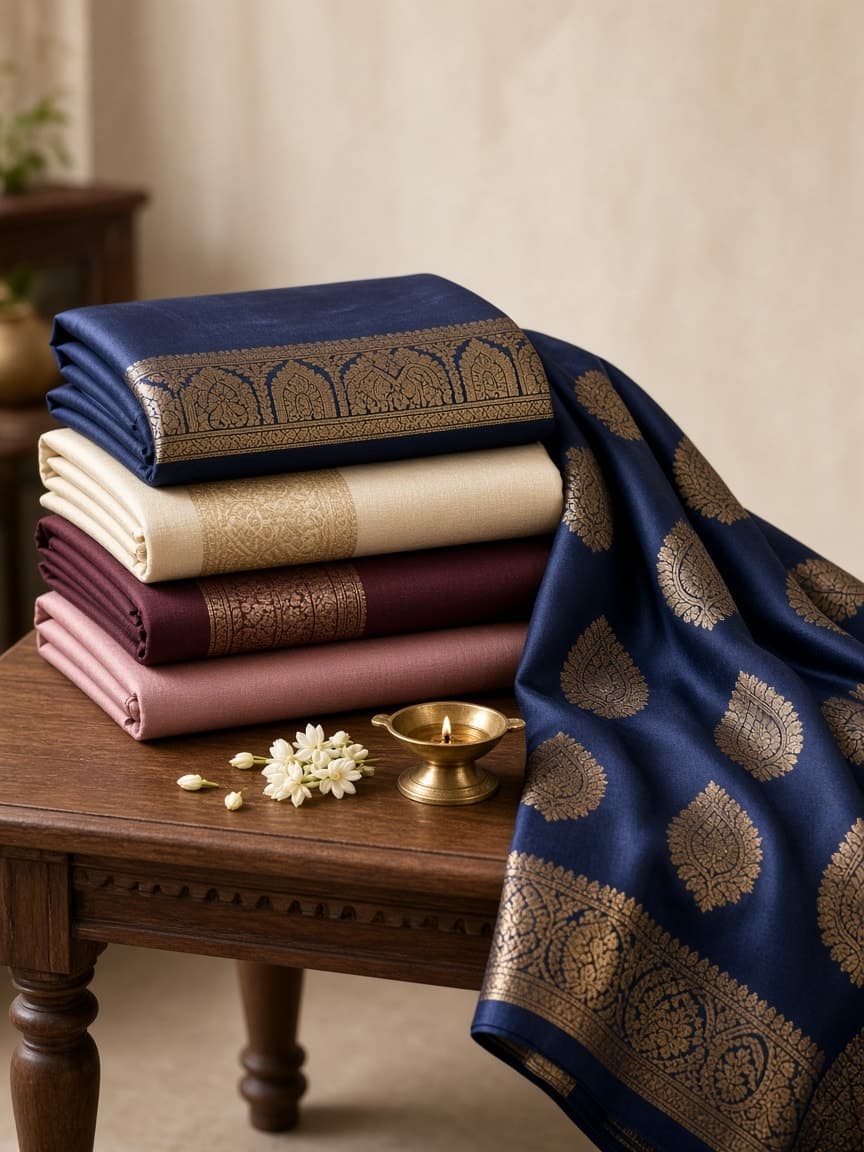 Folded navy, ivory, maroon and rose silk sarees with gold borders on a wooden table beside a brass diya and jasmine
