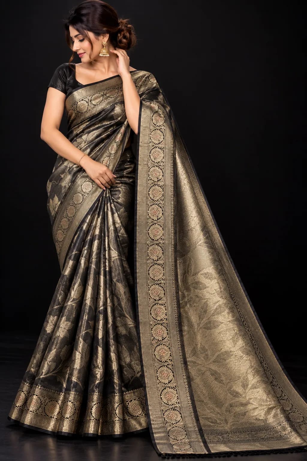 Black and Gold Golden Pattu Saree with Black Finish in Black and Gold saree