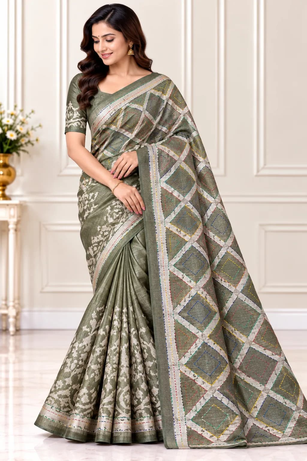 Elegant Olive Silk Thread Work Fancy Saree in Olive saree