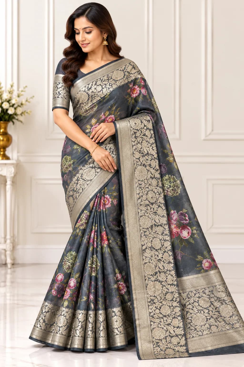 Elegant Charcoal Pure Kora Saree in Charcoal saree