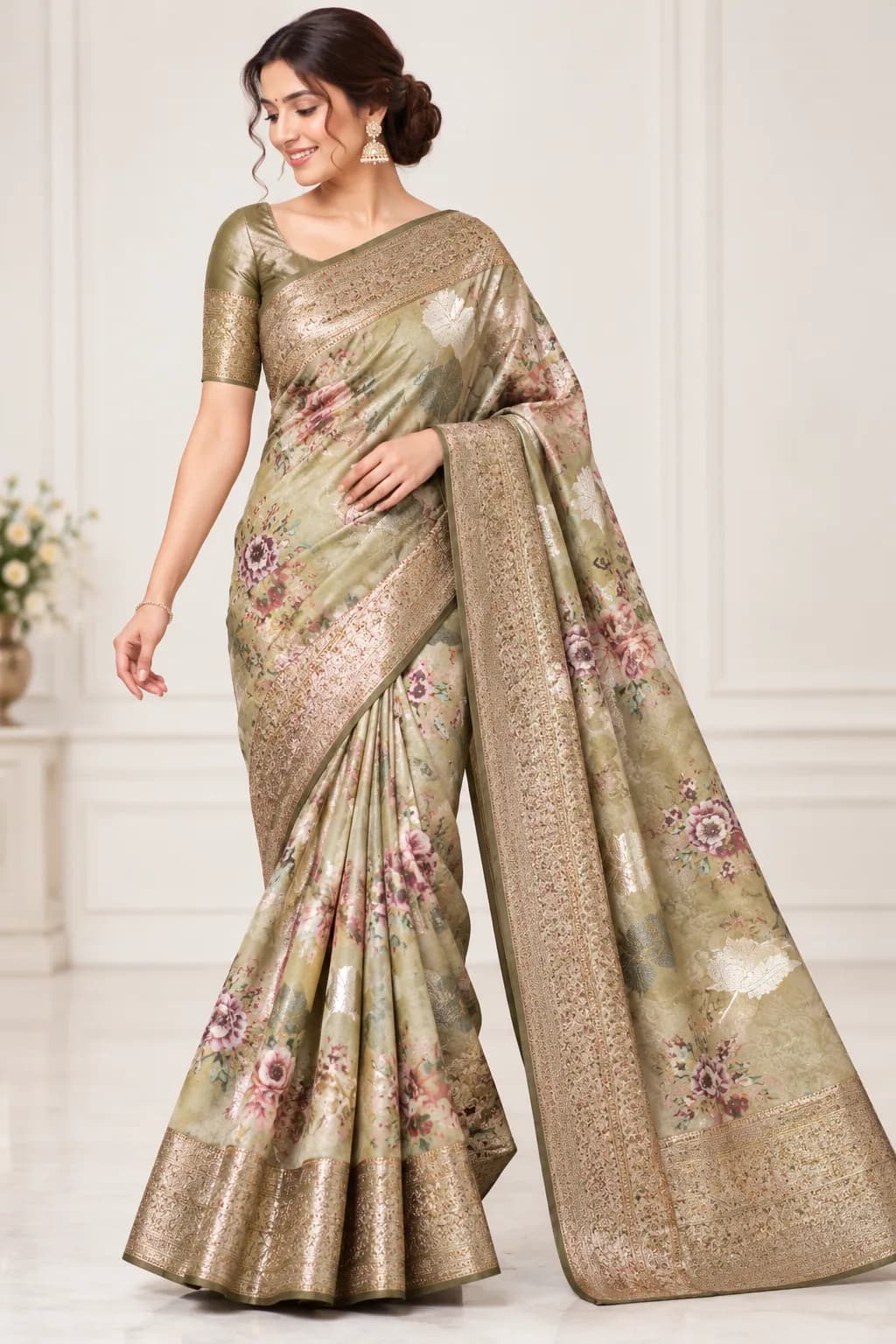 Elegant Olive-Green Floral Pure Kora Saree in Olive Green saree