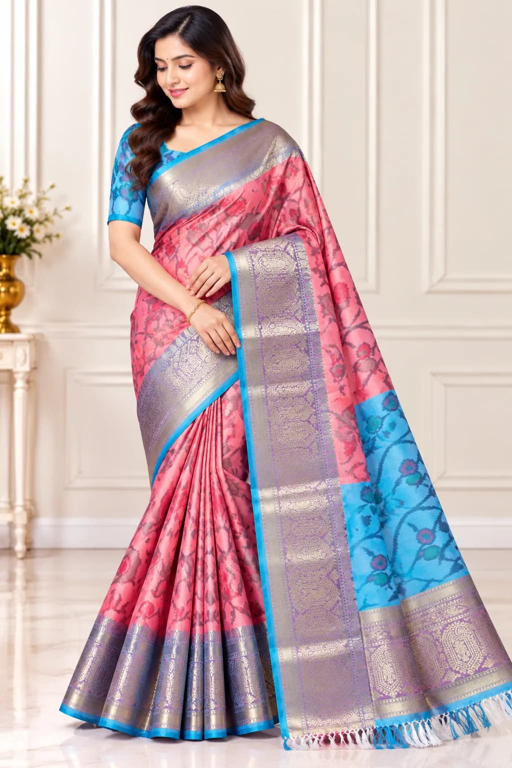 Elegant Pink and Blue Banarasi Semi Pochampalli Saree in Pink and Blue saree