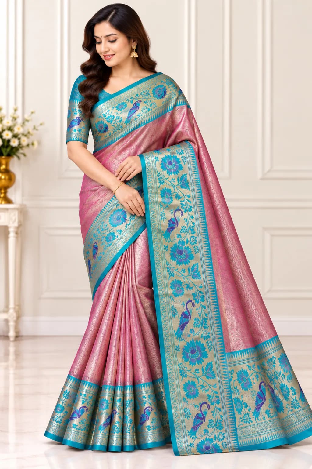Elegant Pink and Teal Silk Saree in Pink and Teal saree