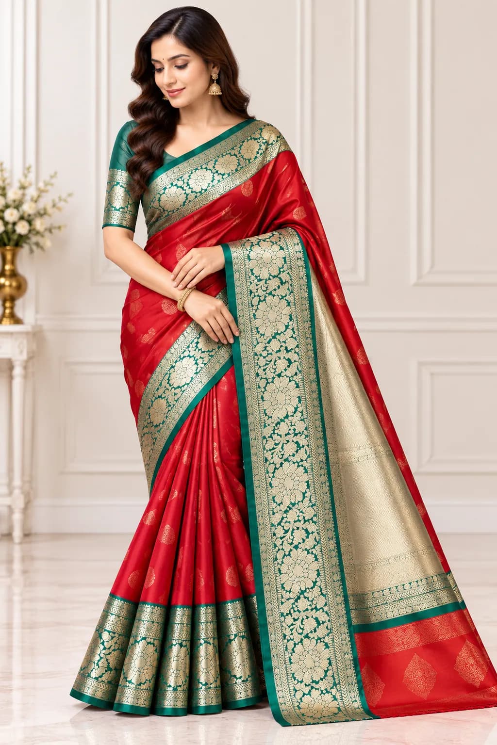 Elegant Red and Green Silk Saree in Red and Green saree