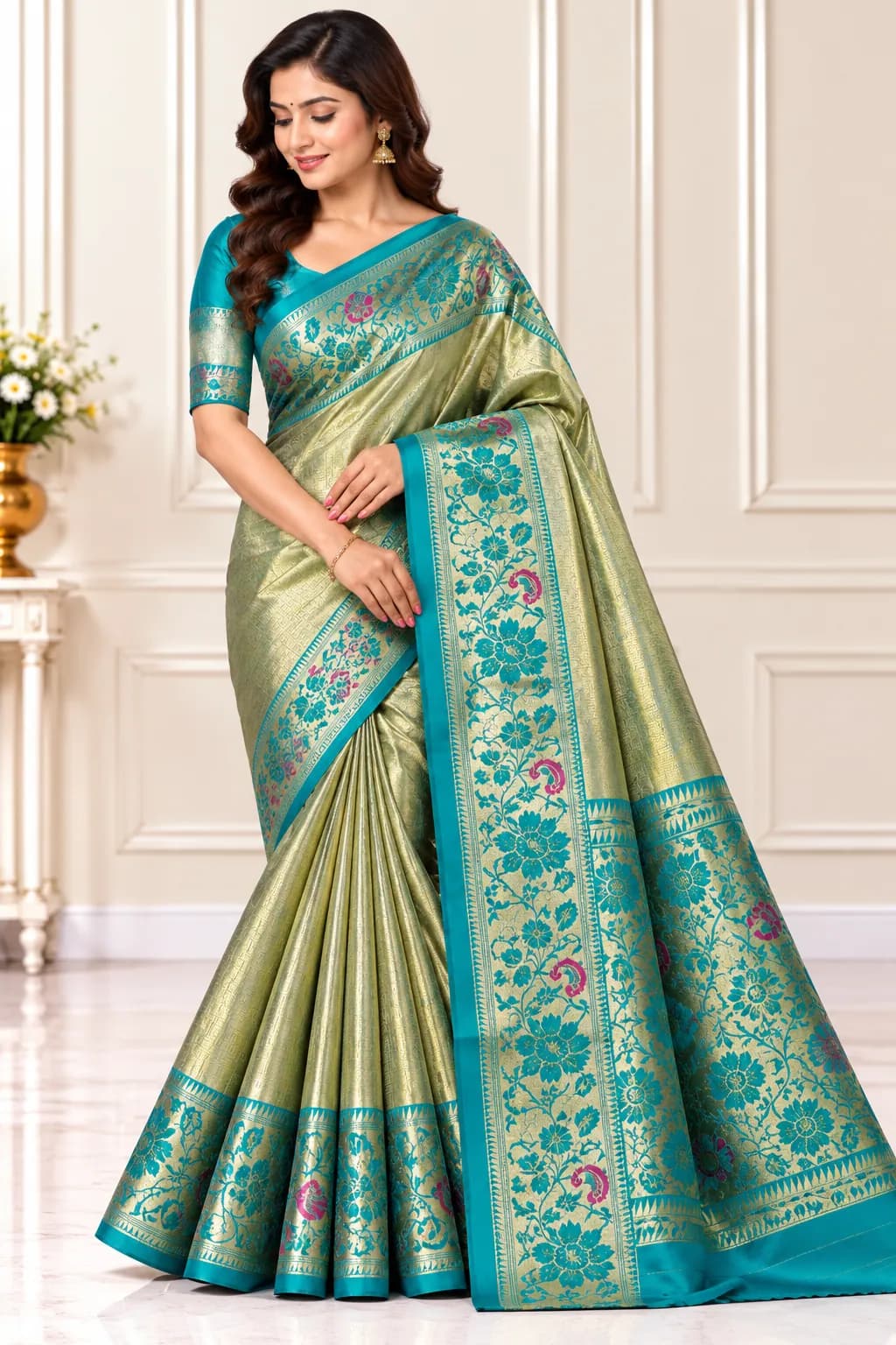 Elegant Teal and Gold Traditional Pattu Saree in Teal and Gold saree