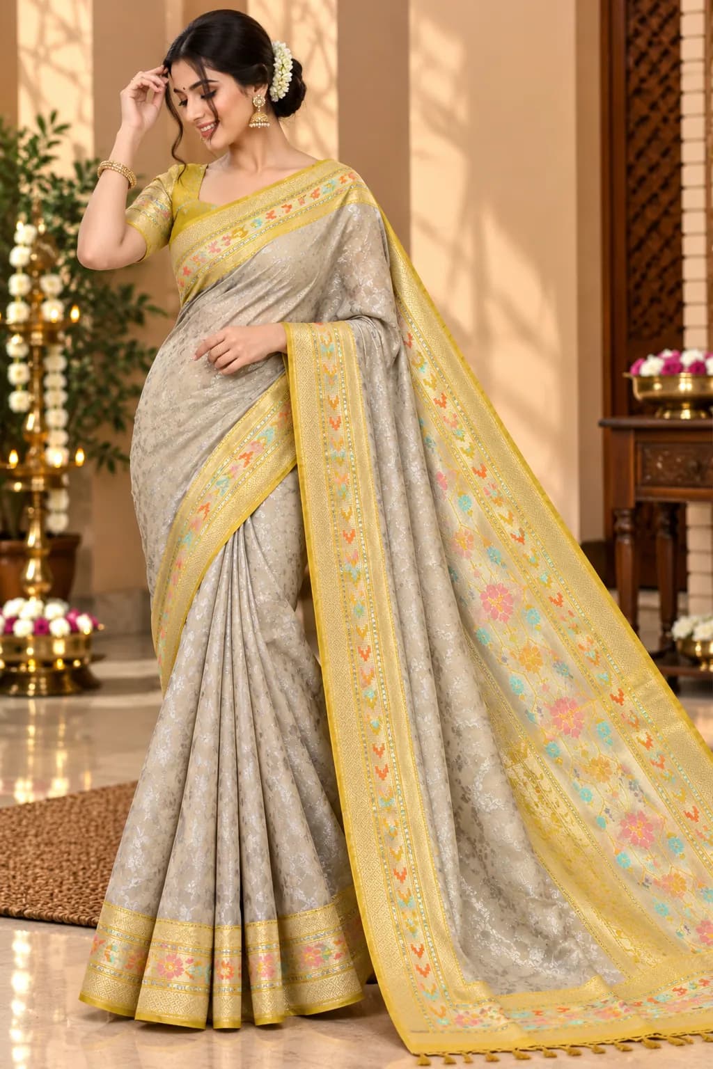 Grey Fancy Kora Saree with Yellow Border in Grey with Yellow saree