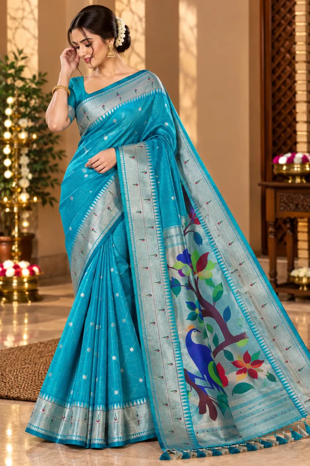 Sky Blue Fancy Pattu Saree with Peacock Pallu in Sky Blue saree