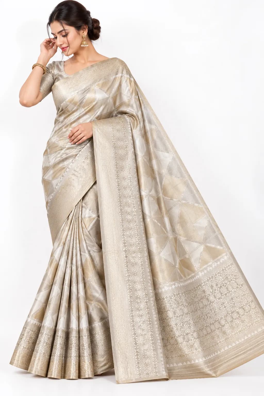 Beige Fancy Pattu Saree with Geometric Weave in Beige saree