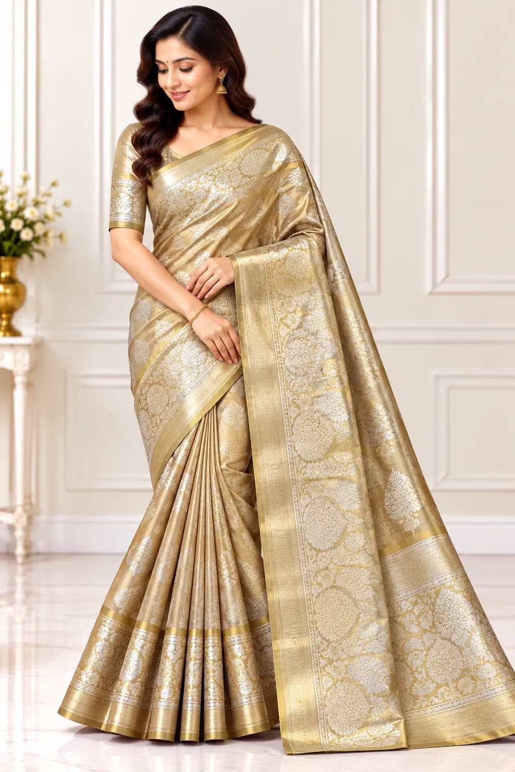 Golden Banarasi Semi Pattu Saree in Golden saree