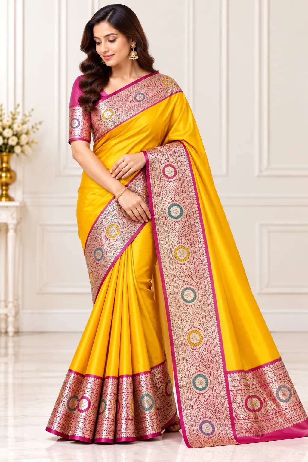 Golden Yellow Silk Saree with Magenta Zari Border in Golden Yellow saree