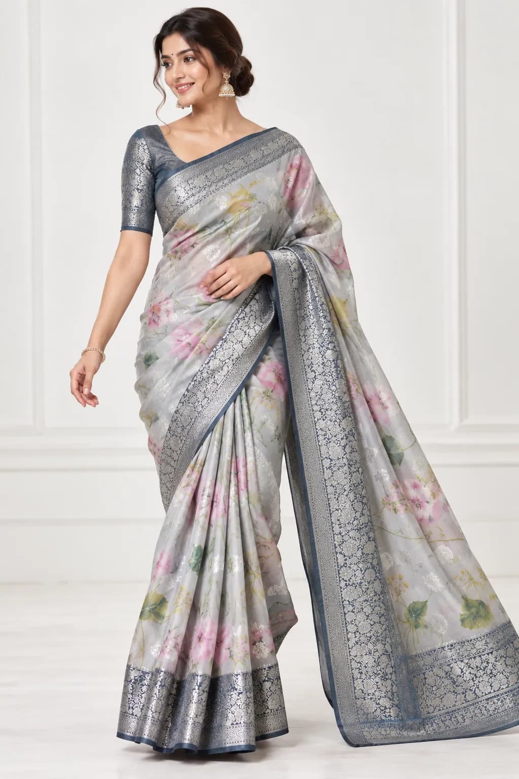 Graceful Silver Floral Pure Georgette Saree in Silver saree