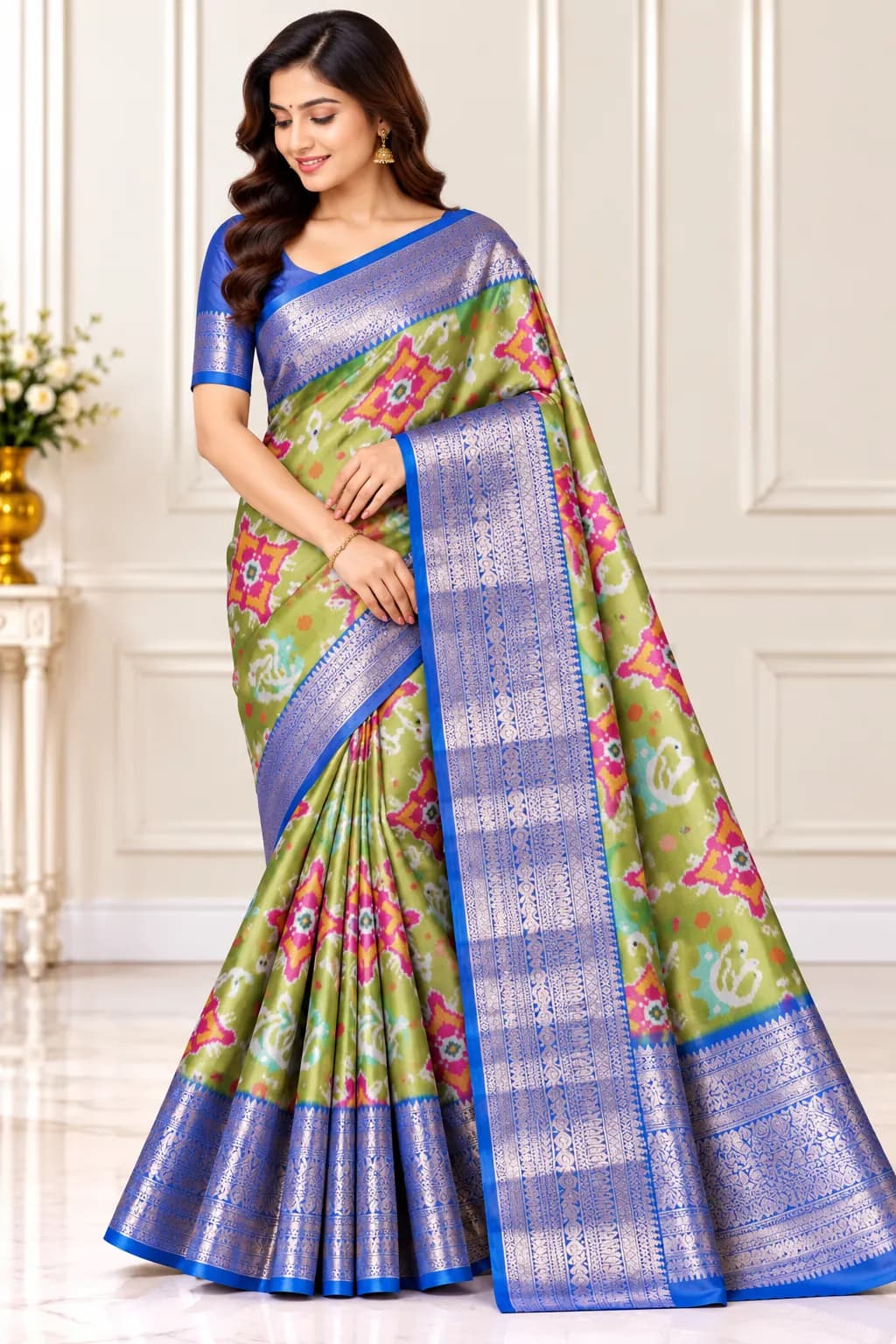Green Ikat Silk Saree in Soft Fancy Pattu in Green saree