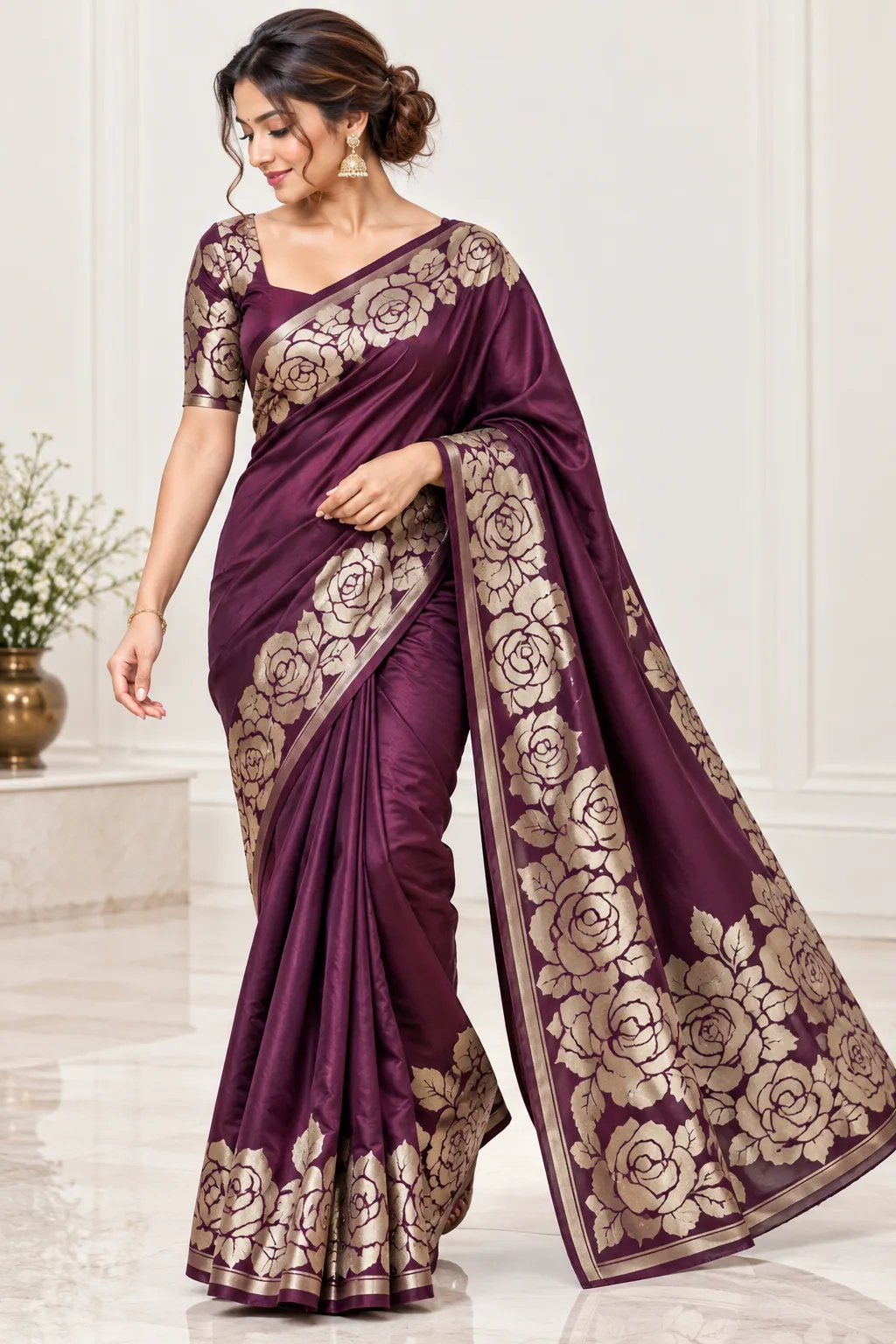 Maroon and Gold Floral Pattu Saree in Maroon and Gold saree