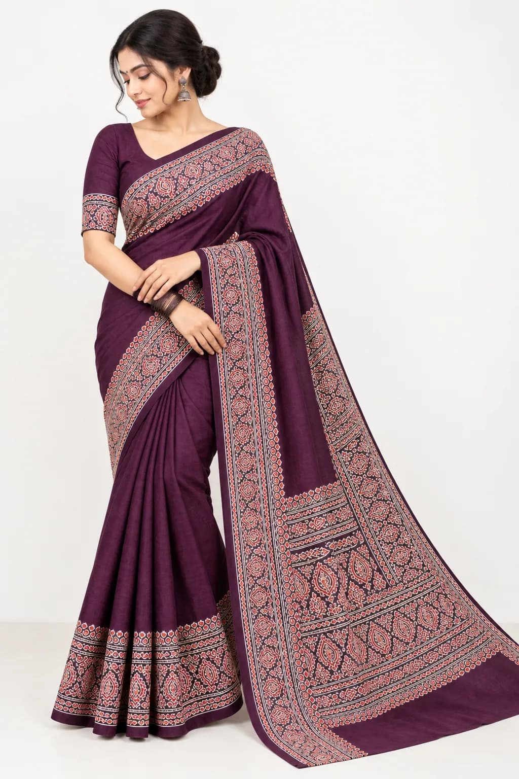 Pure Ajrakh Wine-Coloured Saree in Wine saree