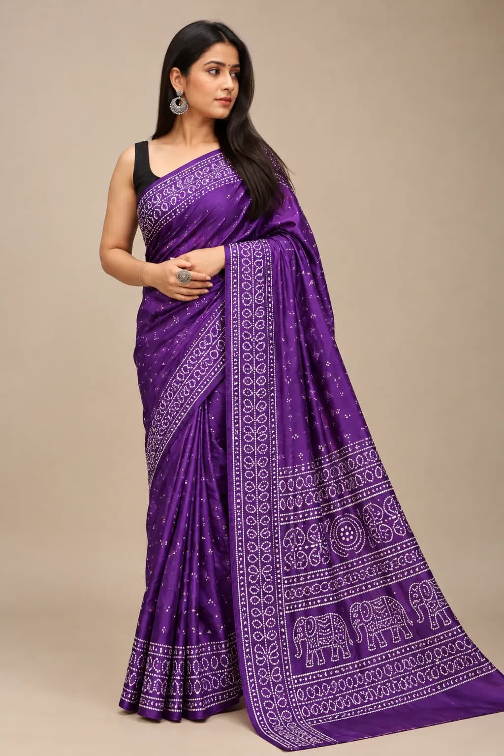 Pure Ajrakh Purple Saree with Elephant Border in Purple saree