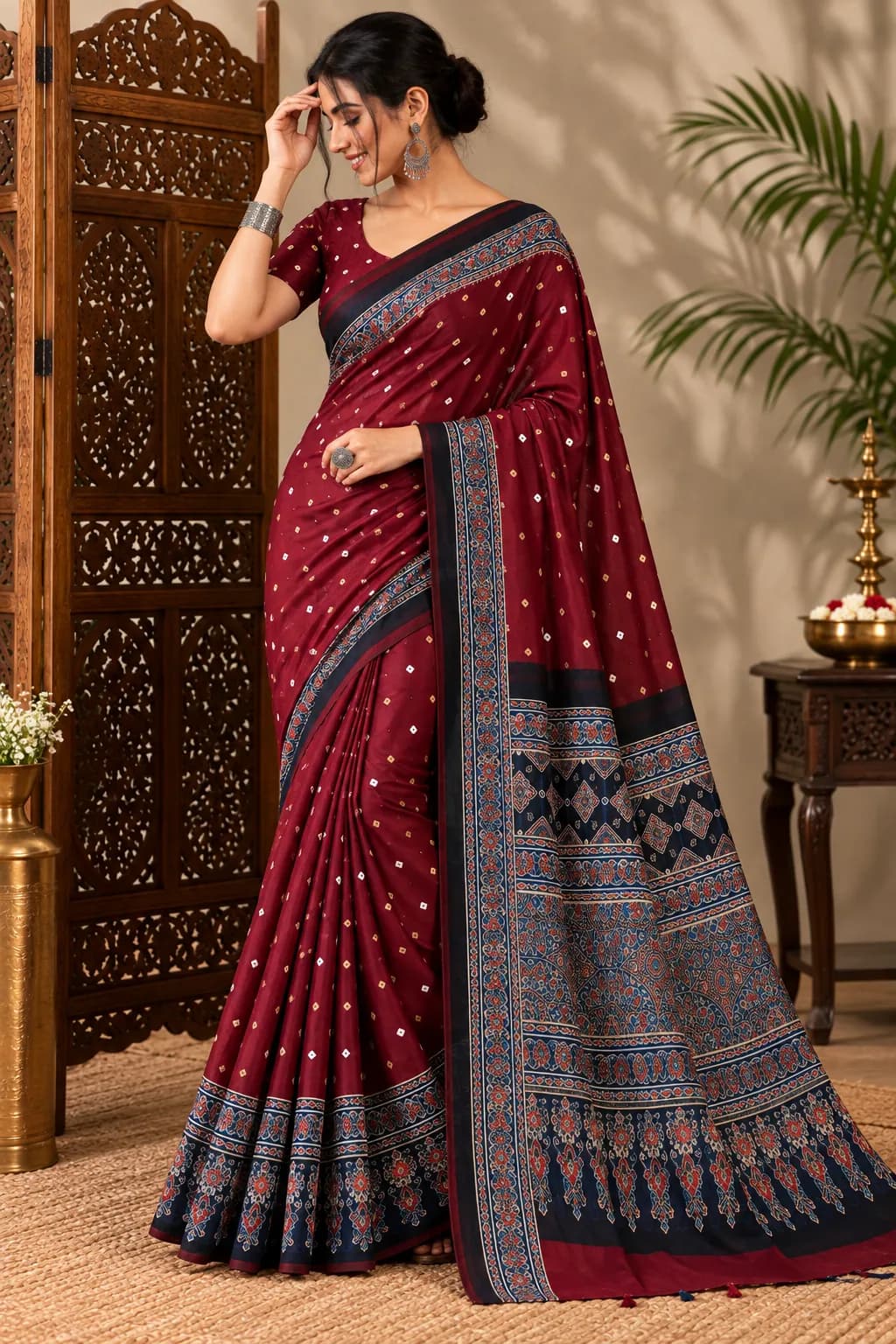Pure Ajrakh Maroon Saree with Bandhani Dots and Rainbow Pallu in Maroon saree