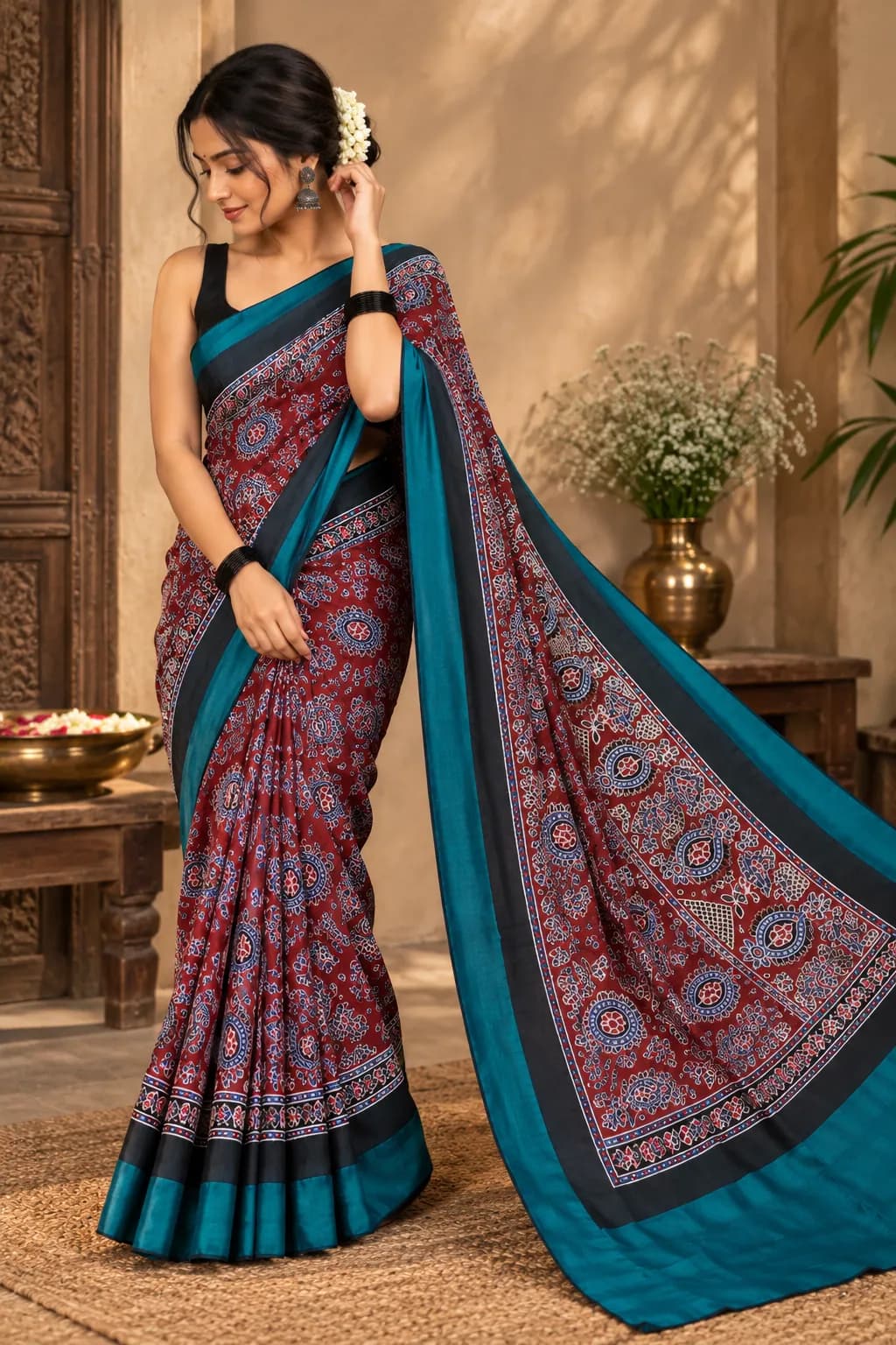 Pure Ajrakh Saree with Contrast Border saree