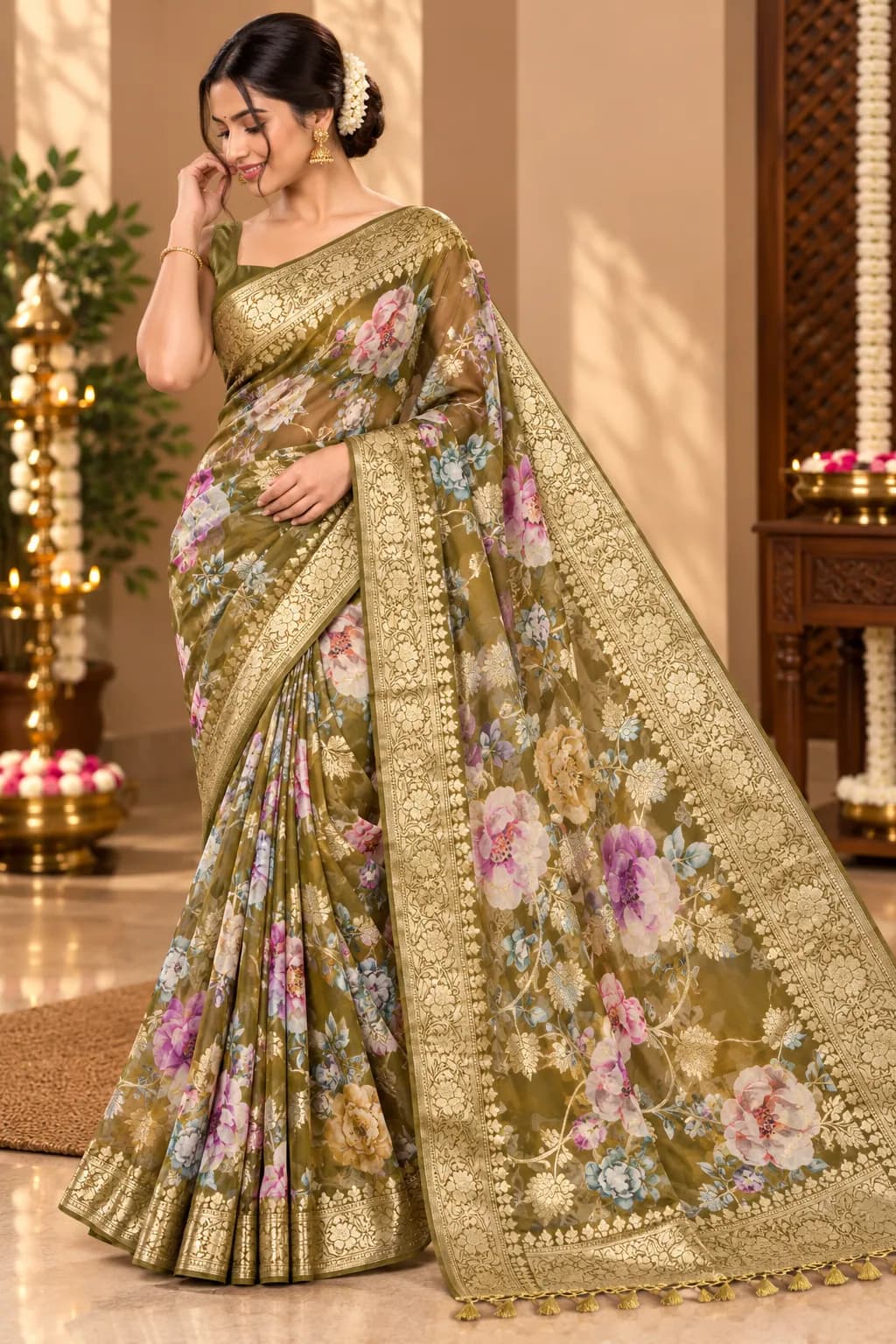 Pure Khadi Georgette Saree with Golden and Colourful Floral Print saree