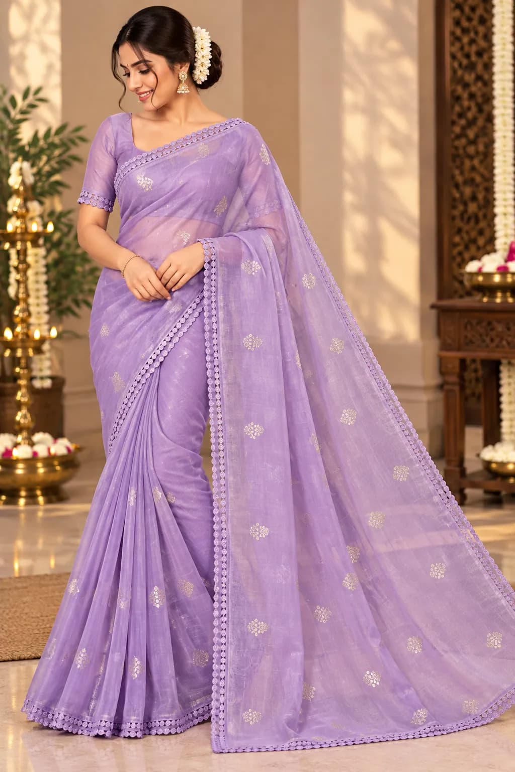 Pure Kora Fancy Lavender Saree with Golden Butis in Lavender saree