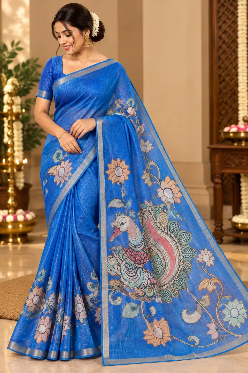 Pure Kora Blue Saree with Small Golden Zari in Blue saree