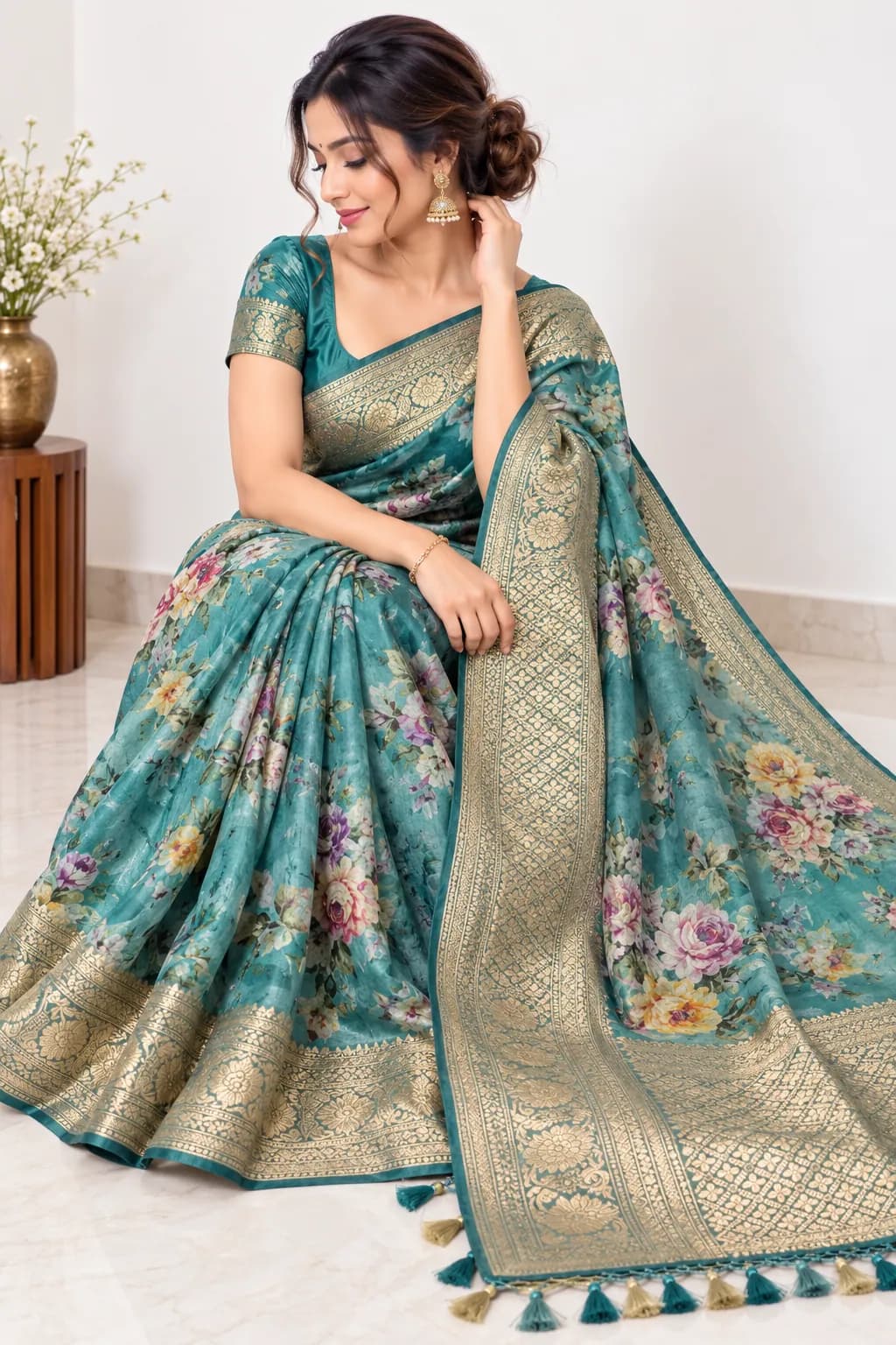 Turquoise Floral Saree with Gold Border in Turquoise saree
