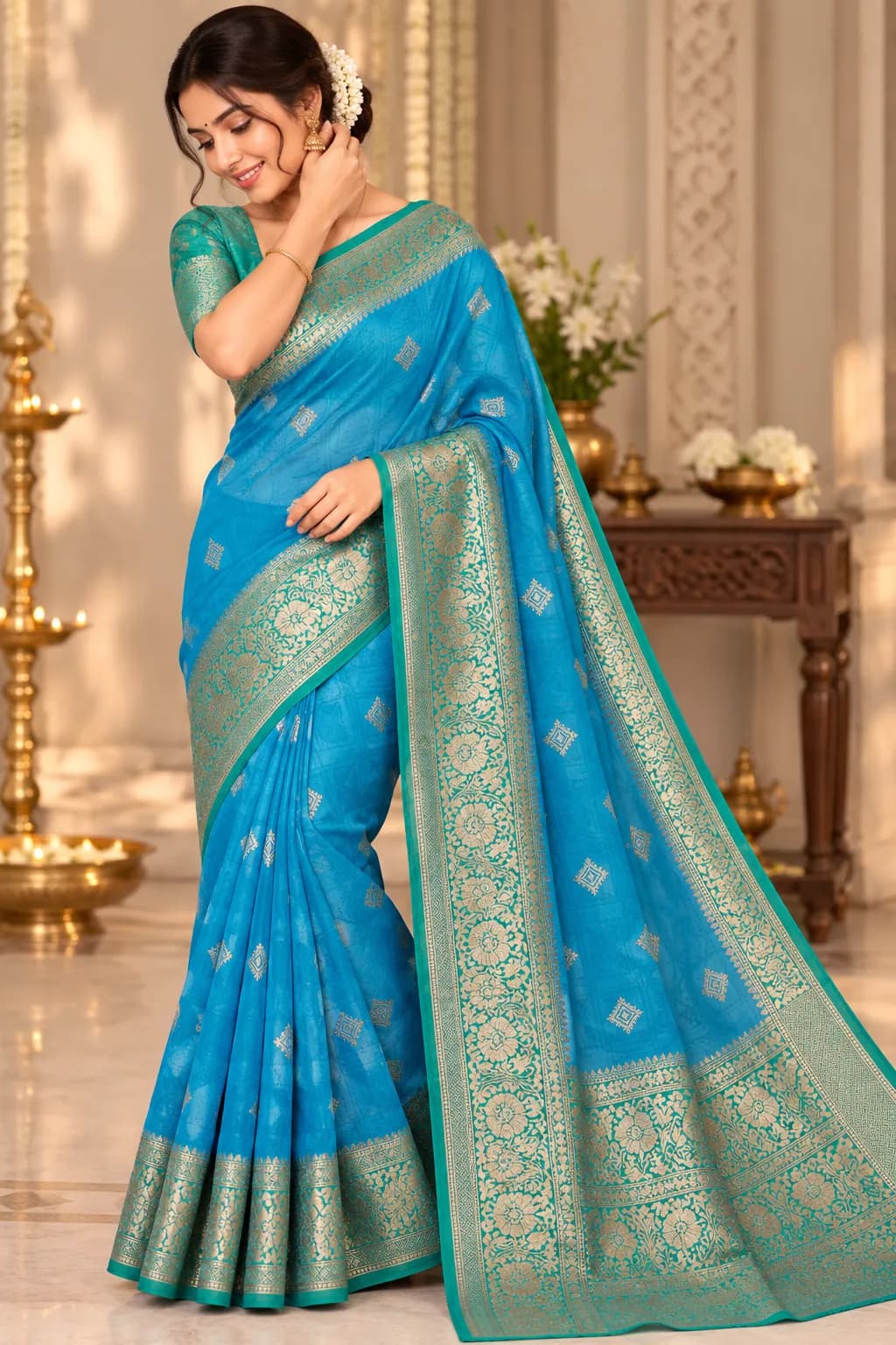 Pure Banarasi Georgette Light Blue Saree with Light Teal Green Border in Light Blue with Teal Green saree