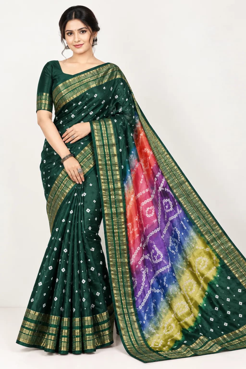 Pure Ajrakh Dark Green Saree with Bandhani Dots and Golden Zari Pallu in Dark Green saree