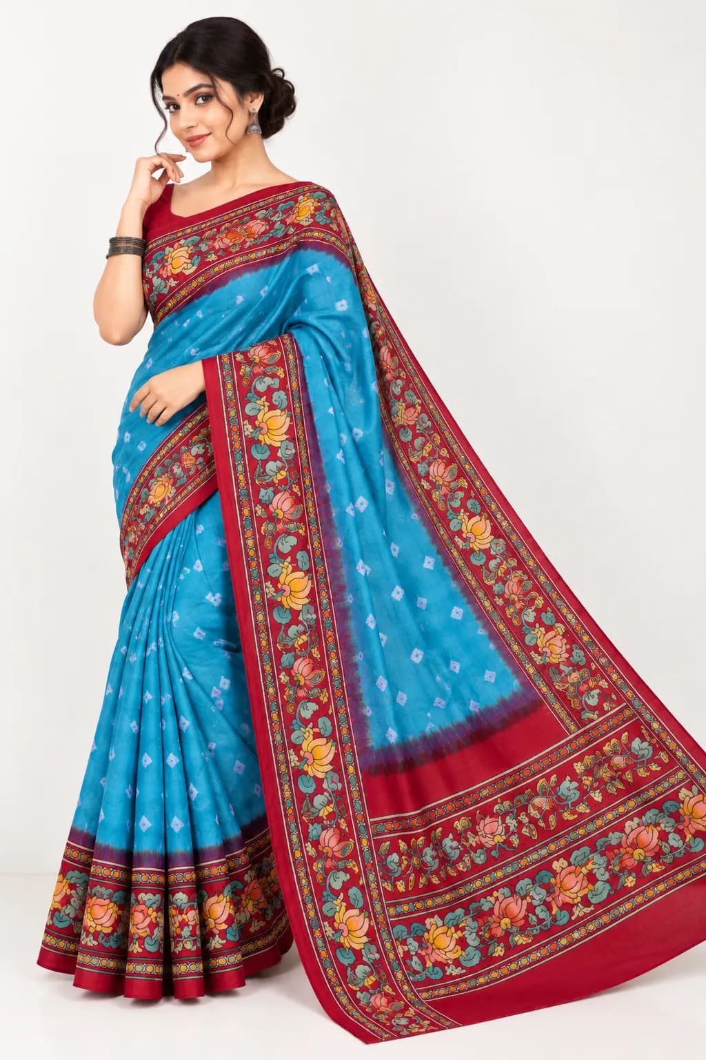 Pure Ajrakh Bright Blue Saree with Red Border and Bandhani Dots in Bright Blue with Red saree
