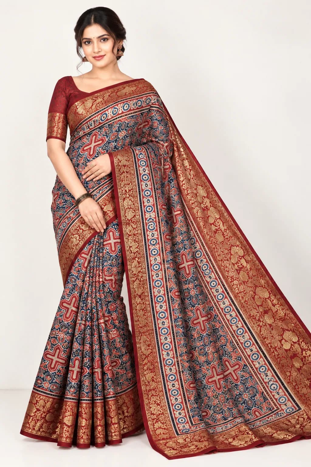 Pure Ajrakh Saree with Traditional Golden Border and All-Over Design saree