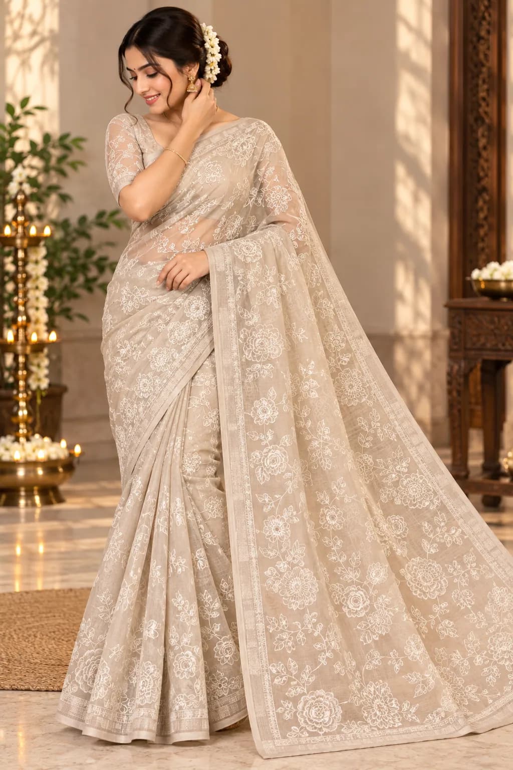 Pure Kora Fancy Cream Saree with All-Over Floral Threadwork in Cream saree