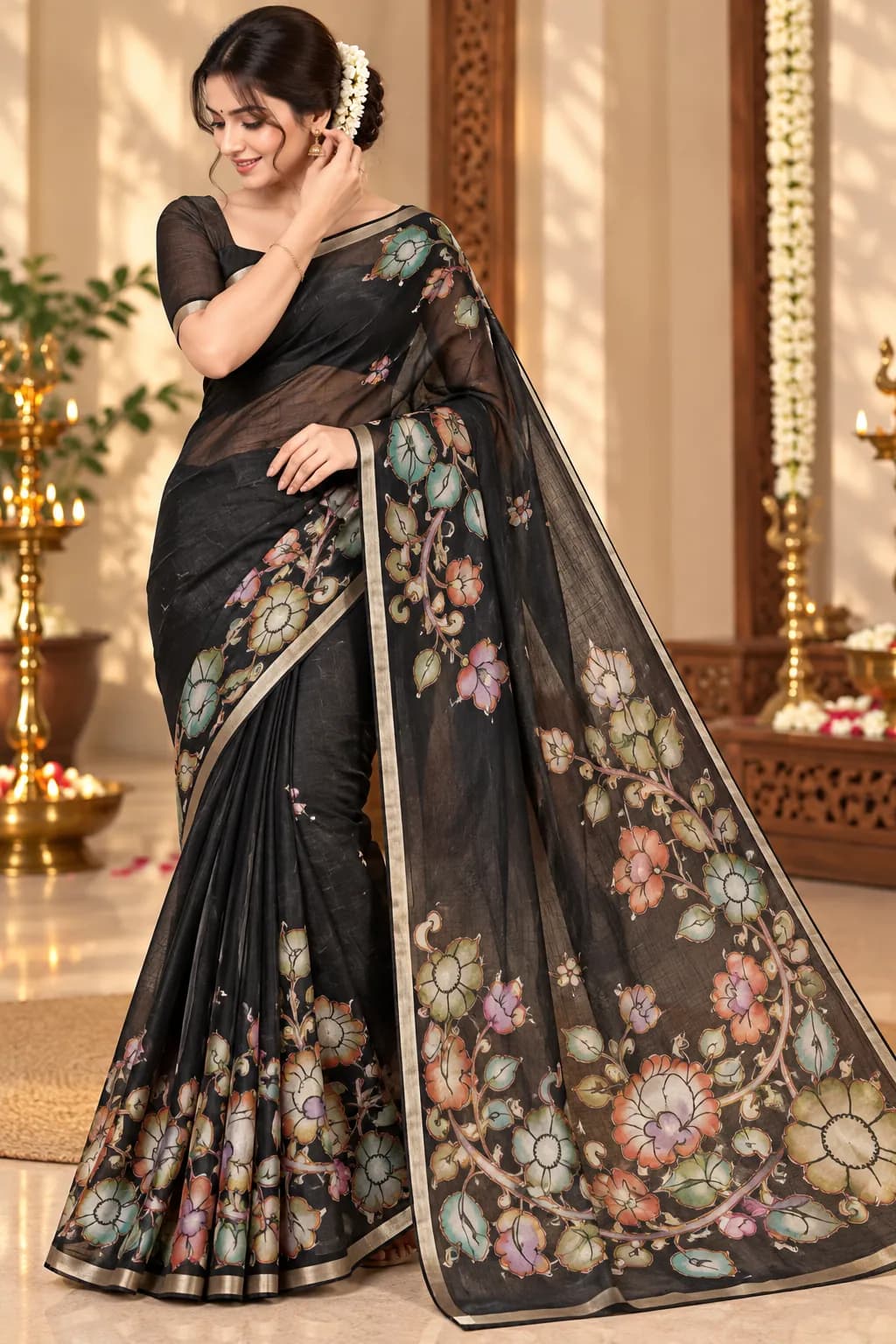 Pure Kora Fancy Black Saree with Small Golden Border and Colourful Floral Prints in Black saree